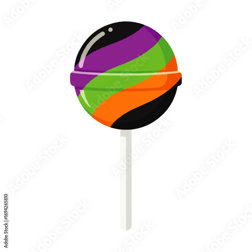 A vibrant Halloween-themed lollipop with swirls of purple, green, orange, and black sits against a plain white background, conveying a playful yet spooky atmosphere.