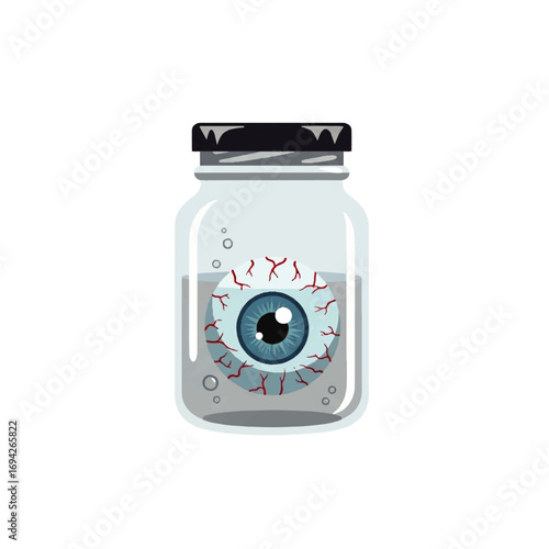 A preserved blue eye floats eerily in a glass jar against a stark white background, creating a spooky and mysterious scene.