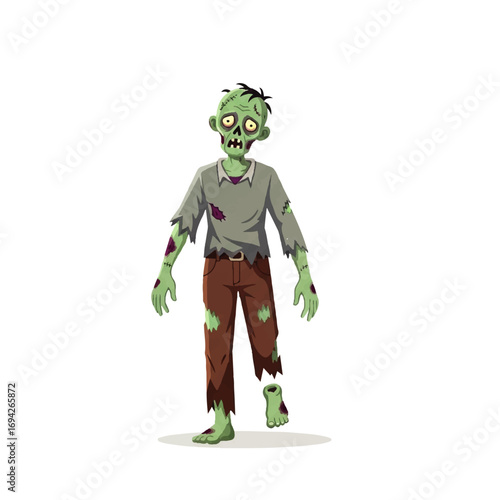 A decaying zombie shuffles forward on a white background, embodying spooky Halloween imagery.