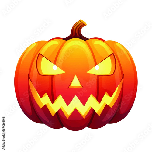 A menacing jack-o'-lantern glows eerily against a stark white background, its carved features radiating a spooky Halloween atmosphere.