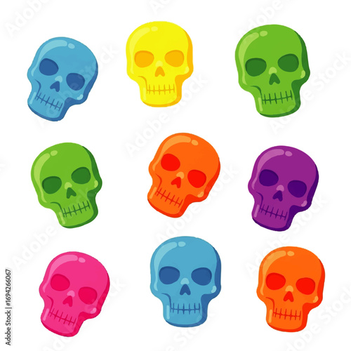 Nine colorful cartoon skulls arranged in a playful pattern against a white background, creating a vibrant and slightly spooky design.