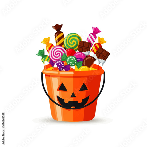 A cheerful jack-o'-lantern bucket overflows with colorful Halloween candy, creating a festive and sweet autumnal scene.