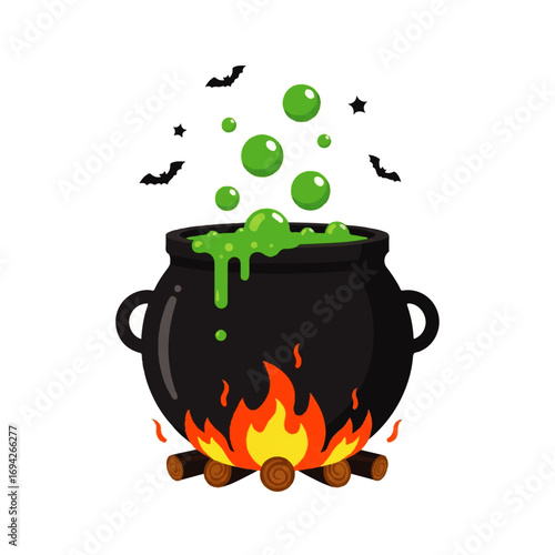 A bubbling cauldron of green potion simmers over a bonfire, bats and stars swirling around it, creating a spooky Halloween atmosphere.