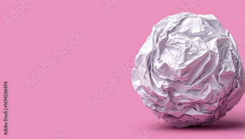 Crumpled white paper sphere on a pink background