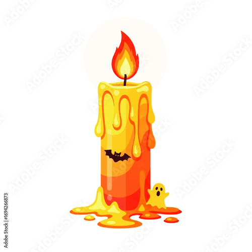 A melting Halloween candle with a bat and ghost, casting a warm, spooky glow against a white background.