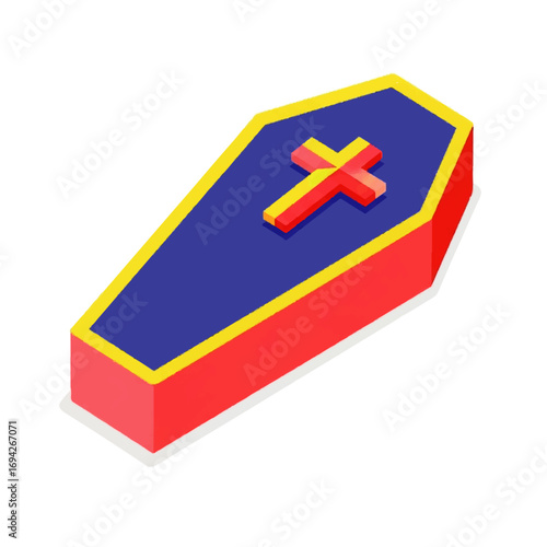A red and blue coffin with a cross rests on a white background, evoking a somber yet symbolic mood.