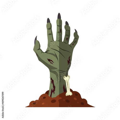 A decaying zombie hand emerges from the grave, reaching upward in a desperate plea, creating a spooky and unsettling scene.