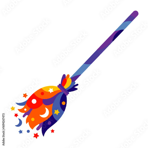 A vibrant, multicolored witch's broom flies against a white background, sparkling with stars and moons, conveying a whimsical, magical feeling.