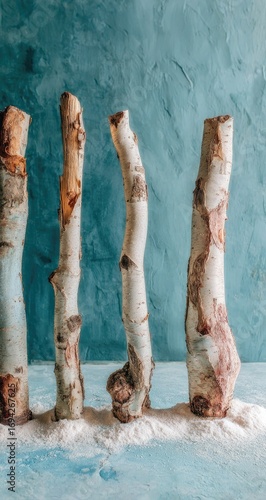 Four light birch logs stand upright on a light blue surface, against a teal textured wall