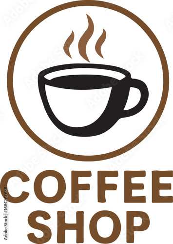 Coffee shop logo featuring a steaming cup of coffee inside a circle with text below it in brown color.