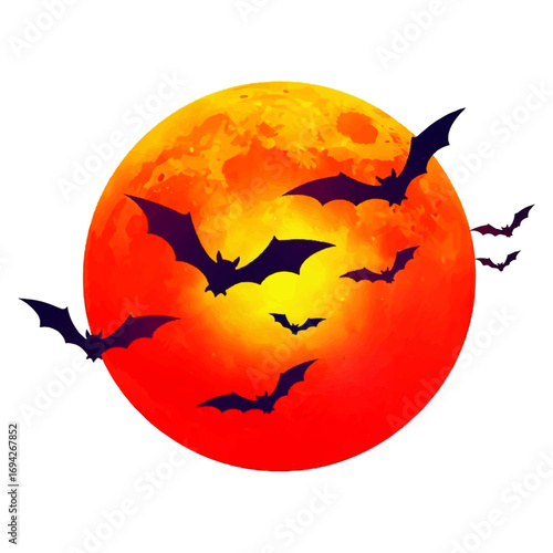 Bats fly silhouetted against a fiery orange Halloween full moon, creating an eerie yet festive night scene.