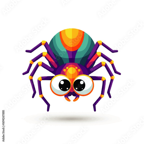 A cheerful, colorful cartoon spider with big eyes stares directly at the viewer against a white background, conveying a playful and friendly mood.