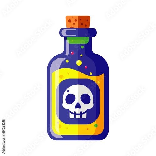A blue glass bottle with a cork stopper contains a bubbling yellow liquid and a skull label, evoking a mysterious and potentially dangerous potion.