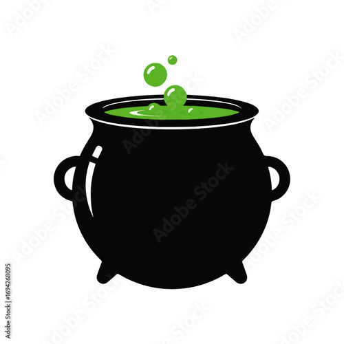 A black cauldron bubbles with bright green potion, creating a spooky yet whimsical Halloween scene.