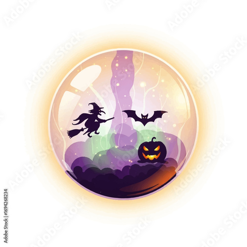A whimsical Halloween scene inside a glass sphere depicts a witch flying on a broom past a jack-o'-lantern and bat.