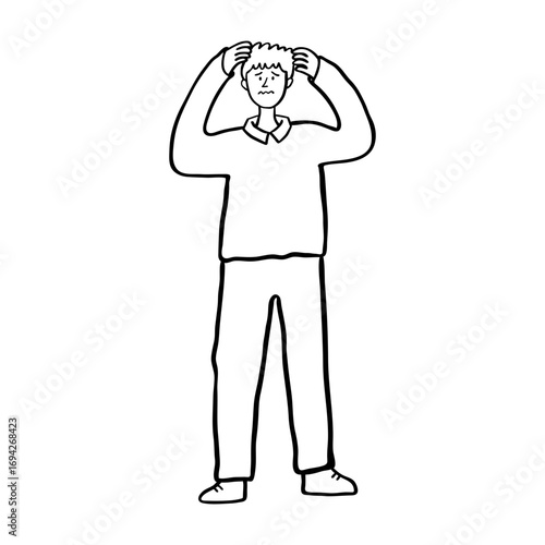 Man feeling overwhelmed. Stressed man. Person in Panic. Confused Man. Hand drawn people illustration.