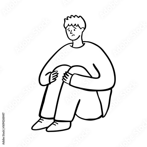 Depressed anxious man huddling alone. Lonely person. Hand drawn people illustration.