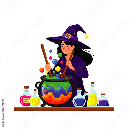 A cheerful young witch stirs a vibrant rainbow potion in a cauldron, surrounded by colorful bottles, creating a whimsical Halloween scene.