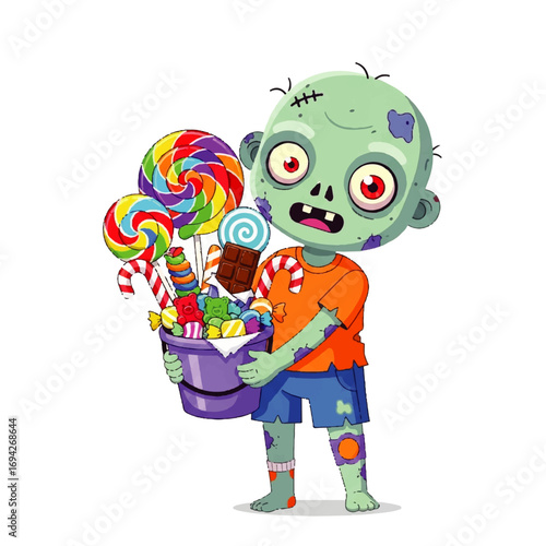 A cute, undead toddler zombie happily presents a bucket overflowing with colorful lollipops, candy, and chocolate for Halloween.