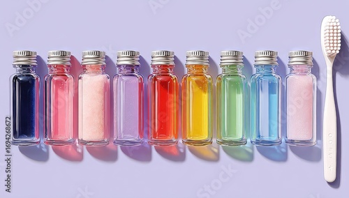 Colorful dental care bottles and toothbrush on a pastel purple background
