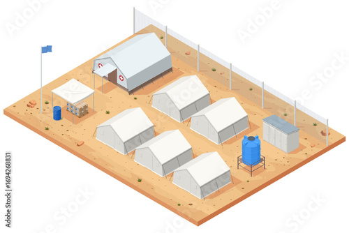 Isometric illustration of a refugee camp with tents, medical aid station, water tank and supply area, representing humanitarian aid and crisis shelter.