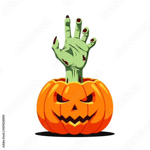 A decaying zombie hand emerges from a menacing jack-o'-lantern, creating a spooky Halloween scene.