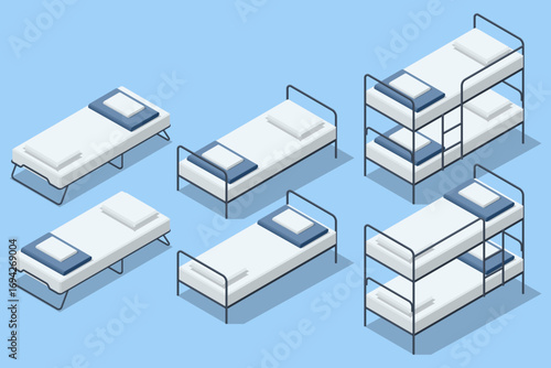 Isometric refugee camp interior with bunk beds and partitions, showing temporary housing for displaced people in crisis situations. Refugee camp beds and bunk beds for temporary shelter