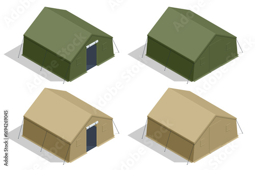 Isometric tents for refugee camp, used as temporary shelters in humanitarian aid and crisis zones.