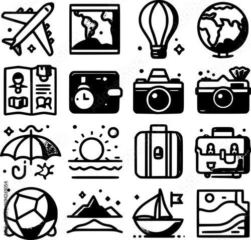 Flat travel and tourism vector icons with clean lines, colorful style, isolated on white, perfect for stickers, logos, and digital use.