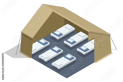Isometric refugee camp interior with beds and partitions, showing temporary housing for displaced people in crisis situations.