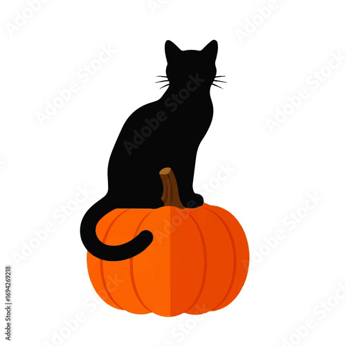 A black cat silhouette sits serenely atop an orange pumpkin, creating a spooky yet charming autumnal scene.