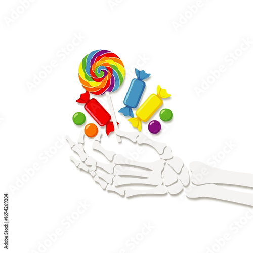 A skeletal hand gently cradles a colorful assortment of candies, including a vibrant rainbow lollipop, creating a whimsical yet slightly spooky Halloween scene.