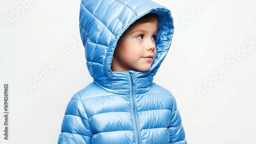 A young boy dressed in a blue jacket and black pants, suitable for various uses such as editorial or commercial purposes