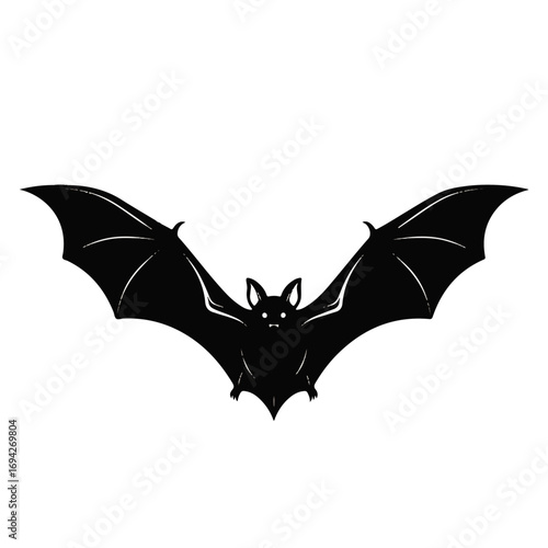 A black bat silhouette dramatically spreads its wings against a stark white background, conveying a sense of mystery and nocturnal power.