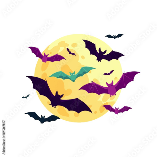 Bats fly in a spooky, playful swarm around a large, yellow full moon on a white background.