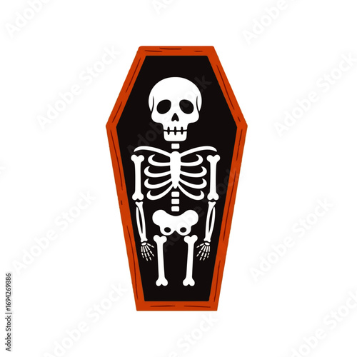 A whimsical cartoon skeleton rests inside a wooden coffin, creating a playfully spooky Halloween illustration.