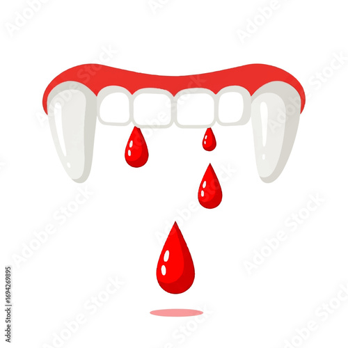 Vampire fangs dripping blood against a white background, creating a spooky and slightly humorous Halloween illustration.