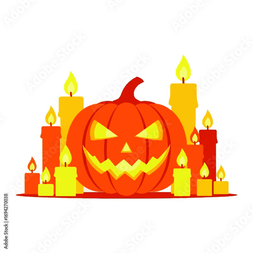A grinning jack-o'-lantern sits amidst flickering candles, creating a spooky yet festive Halloween scene.
