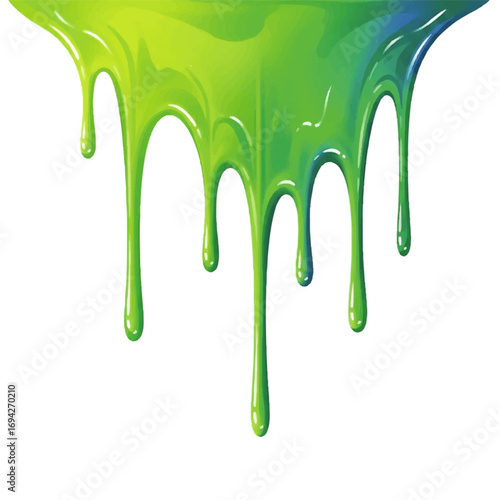 Vibrant green paint drips dramatically down a white background, creating a dynamic and visually striking abstract composition.