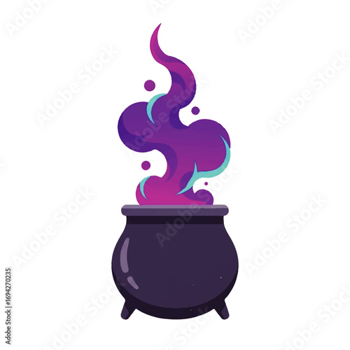 A dark cauldron steams vibrant purple magic against a white background, evoking a mystical and enchanting atmosphere.