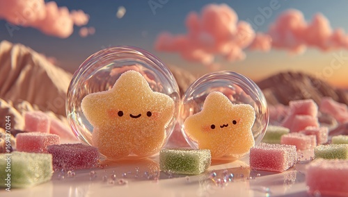 Sweet star candies in bubble, pastel scene