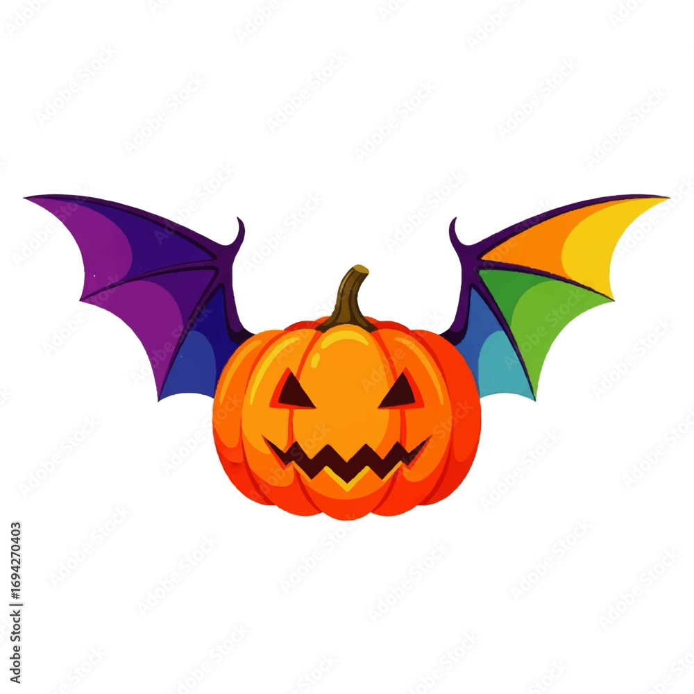 Naklejka premium A grinning jack-o'-lantern with vibrant rainbow and purple bat wings against a white background conveys playful Halloween spirit.