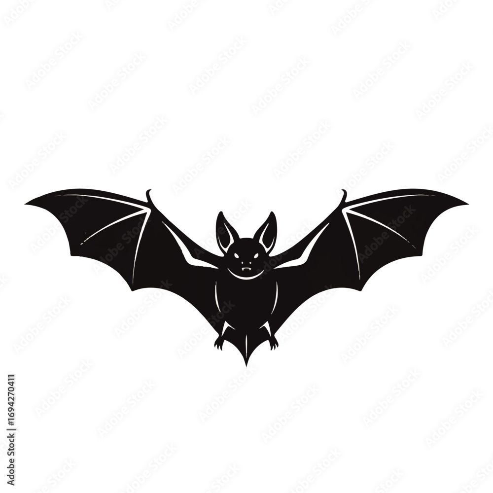 Obraz premium A menacing black bat spreads its wings in flight against a stark white background, conveying a sense of mystery and darkness.