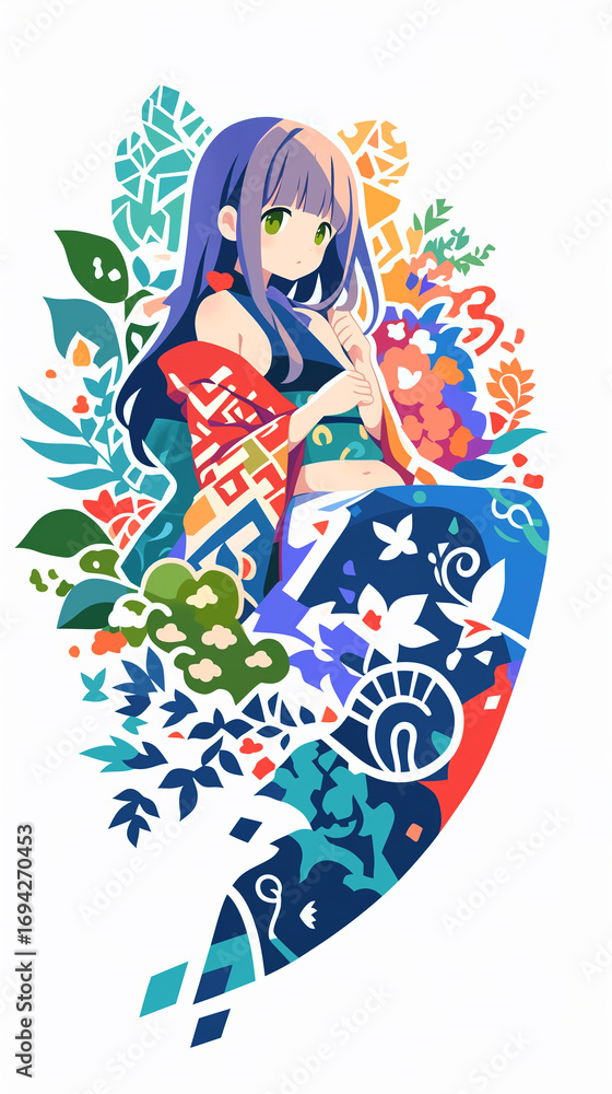 Obraz premium 物思いにふける女性、イラスト、パッチワーク