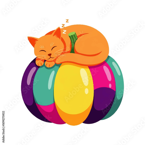 A peaceful orange tabby cat soundly sleeps atop a vibrant, multicolored pumpkin, exuding autumnal charm.