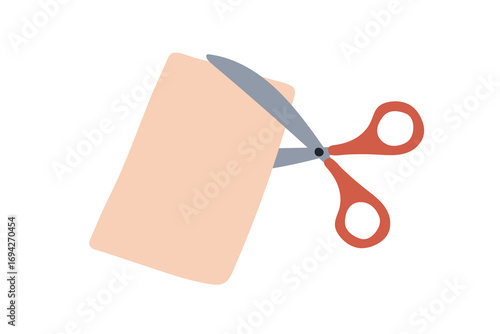 Scissors cutting paper. Sharp shears blade, stationery tools, accessories for craft hobby, paperwork, DIY handwork, abstract handicraft. Flat vector illustration isolated on white background.