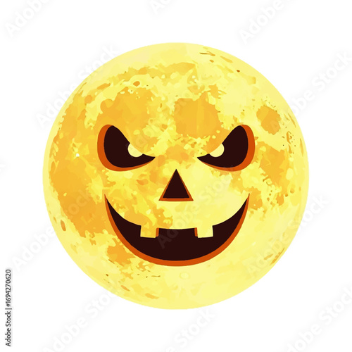 A menacing full moon, carved with a jack-o'-lantern grin, casts an eerie glow on Halloween night.
