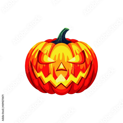 A menacing jack-o'-lantern with glowing eyes and a wicked grin stares intensely against a stark white background.