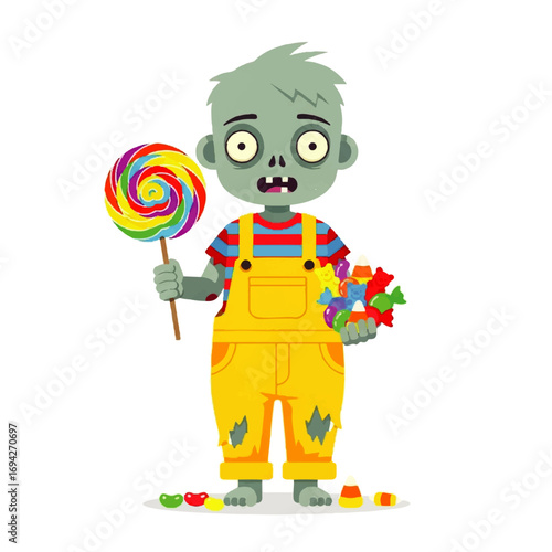 A cute zombie child playfully holds a rainbow lollipop and a handful of assorted candies against a white background.