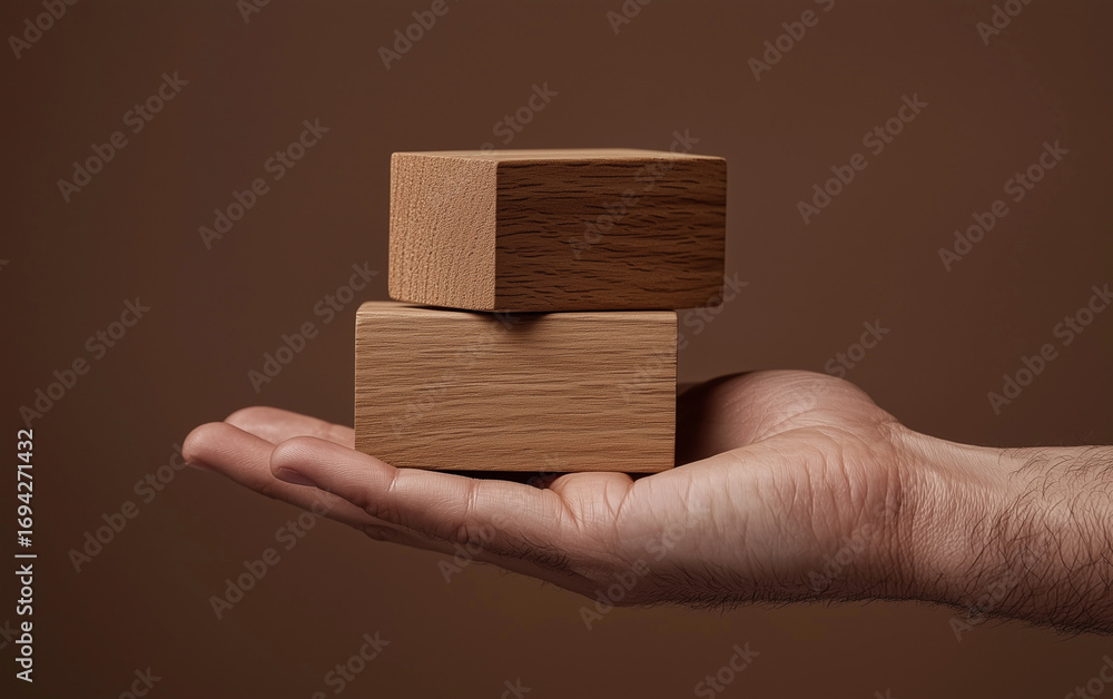 Obraz premium Male hand holding two stacked blank wooden blocks with copy space.